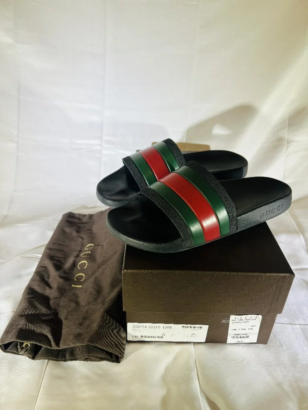 Gucci Men's Slide Sandals 308234 GIB10 Black Green Red Striped Rubber Size 7